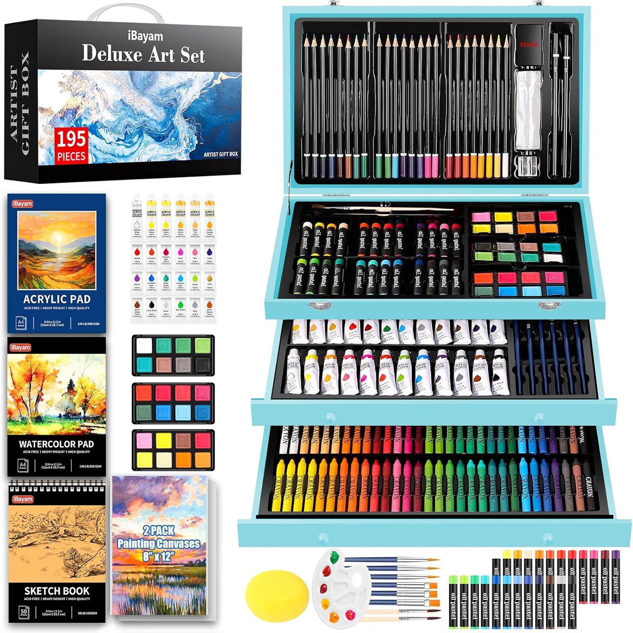 195-Piece Deluxe Art Set for Kids, Teens & Adults – Complete Artist Gift Box with 3 Drawing Pads, A4 Canvases, Arts & Crafts Supplies, Painting and Drawing Tools, and 24-Color Acrylic Paint Set